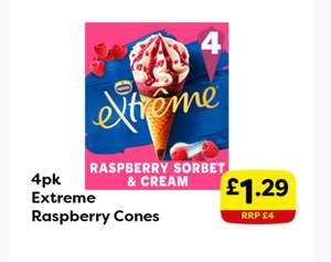 Extreme Raspberry Sorbet & Cream Ice Cream Cones 4x120ml Farmfoods