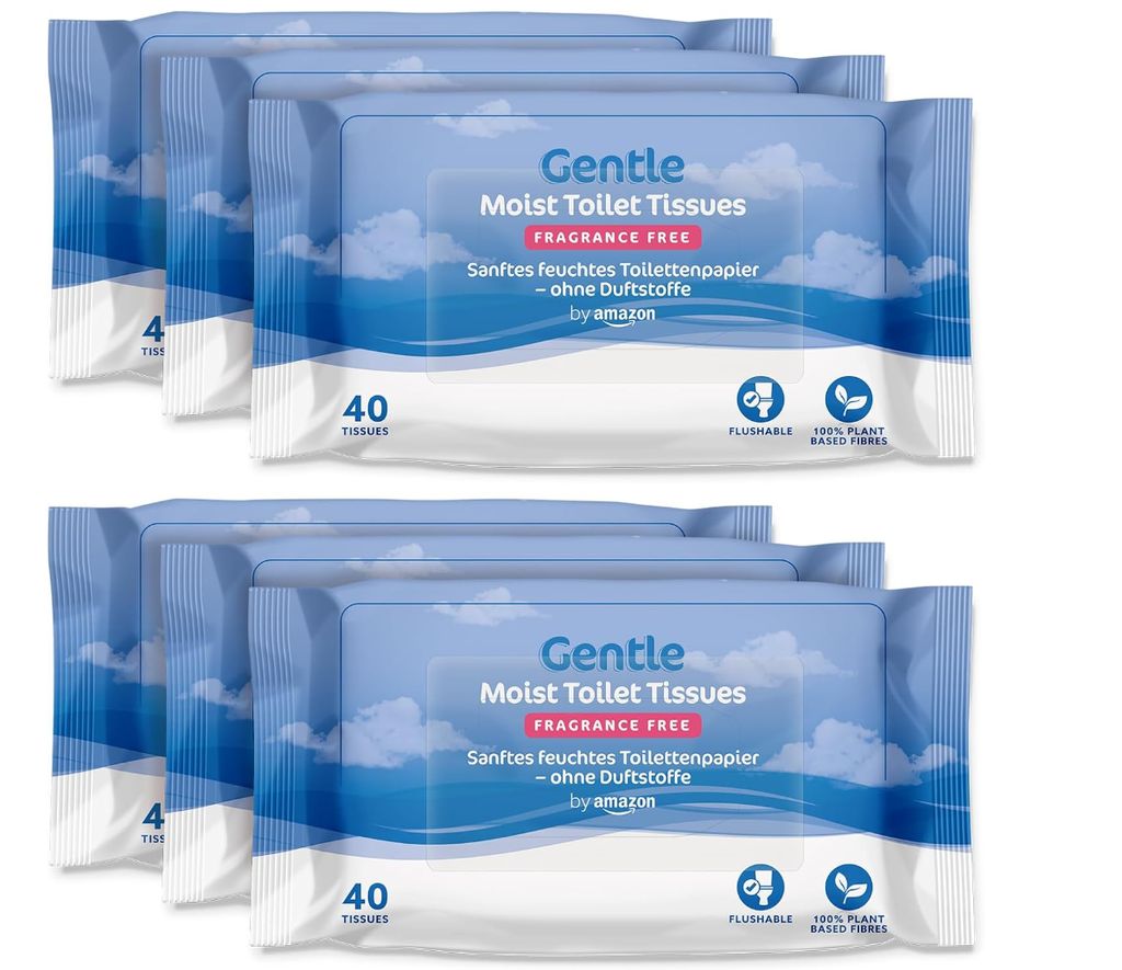 by Amazon Gentle Moist Toilet Tissues, Unscented, Fine to Flush, 240 Count (6 Packs of 40)