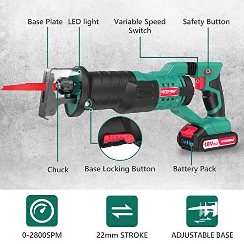Reciprocating Saw, HYCHIKA 18V Cordless Saw with 2x2000mAh Batteries, 0-2800rpm Variable Speed, 4 PCS Saw Blades, 1 Hour Fast Charger,