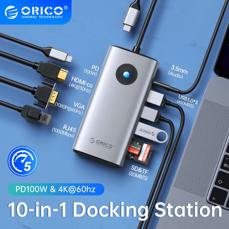 ORICO Docking Type C HUB 6in1 4K@60Hz/RJ45/100W PD £10.99 / 5in1 30Hz/PD60 £7.45 delivered, using coupon @ Aliexpress /Orico Official Store