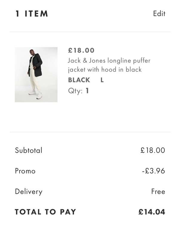 Jack & Jones Longline Puffer Jacket with Hood in Black (with code)