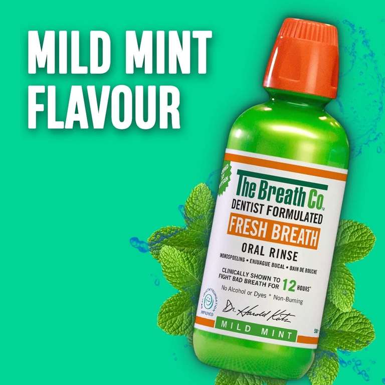 The Breath Co Alcohol Free Mouthwash - Dentist Formulated Oral Rinse for 12 Hours of Fresh Breath - Mild Mint Flavour, 500ml