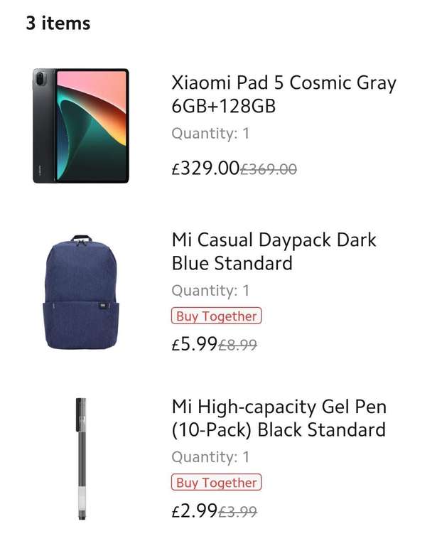 Xiaomi Pad 5 Cosmic Gray 6GB+128GB + Mi Casual Daypack Dark Blue Standard + Mi High-capacity Gel Pen (10-Pack) £272.98 with code @ Xiaomi