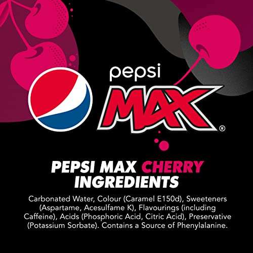 Pepsi Max Cherry, Pack of 24 (Can: 330ml), 3x Quantity (72 cans) - 3 for £20 @ Amazon
