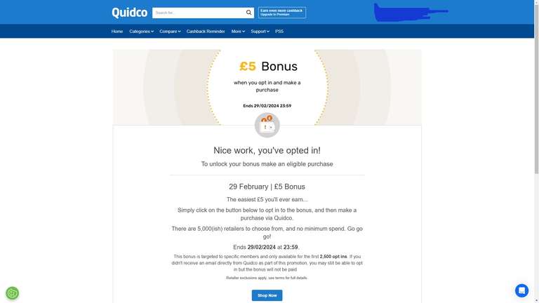 £5 Quidco bonus for selected members email 2500 opt ins - no minimum spend, 5000+ retailers