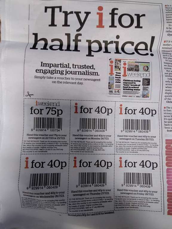 i Newspaper half price for a week starting this Saturday using coupons via today's Metro @ iNews
