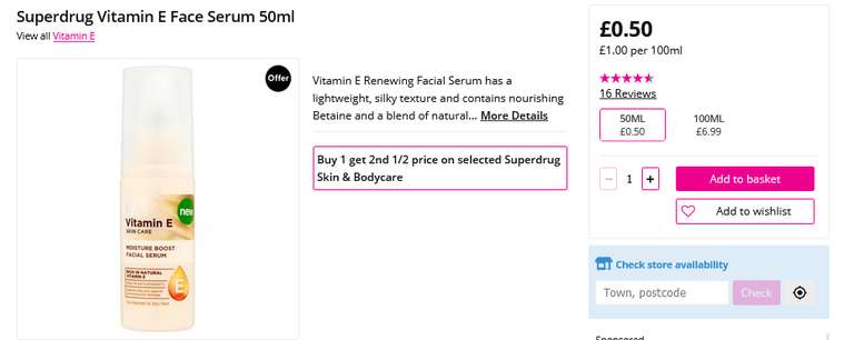 Superdrug Vitamin E Face Serum 50ml (2 for 75p) + Free Click & Collect
