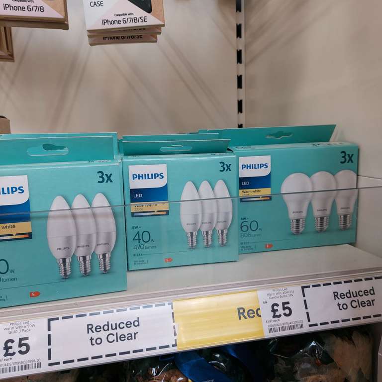 Philips Warm White 50w GU10 3-pack and 40W E14 Candle Bulbs 3-pack and another one reduced to £5 @ Tesco Fareham
