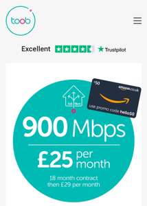 Toob 900Mbps full fiber broadband + £50 Amazon Voucher with code - £25pm / 18m