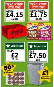 Mega Event Instore Only - Coca-Cola Zero Sugar Cans 12 cans, Weetabix Crispy Minis Choc Chip/Fruit & Nut 500g £1.75, 12 Choc Iced Donuts £2