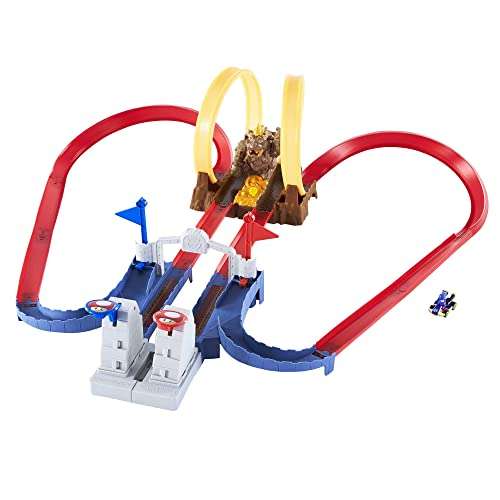 Hot Wheels Mario Kart Bowser’s Castle Chaos Modular Track with Side by Side Racing Lap Flags and Bowser Figure