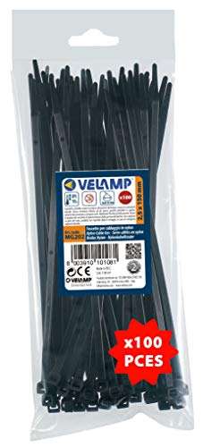 Velamp Kit of 100 Ties-2.5 x 100 mm Cable clamp, Nylon 6.6, Hyper-Resistant, Black (minimum purchase 3 - 50p each)
