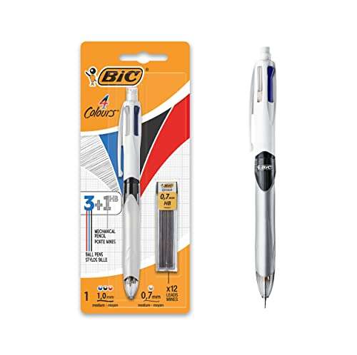 BIC 4 Colours Pen and Pencil Combo, 3 Ballpoint Pens Medium 1.0mm Blue, Black, Red, 1 Mechanical Pencil