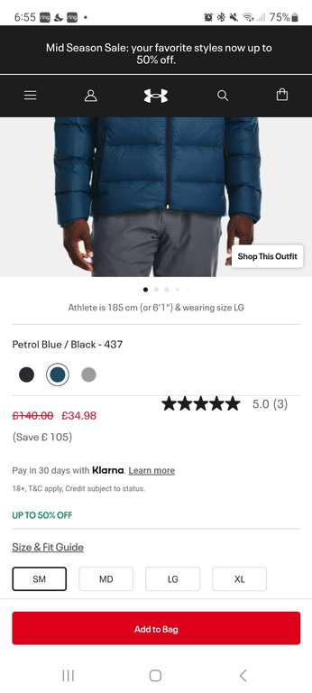 Under Armour hooded storm 2.0 down jacket - petrol blue £34.98 (logged in price) @ Under Armour - free collection at pickup point