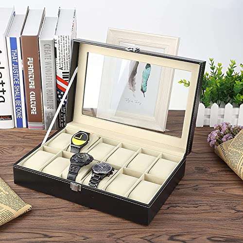 Uten Watch Box with 12 Slots, Removable Cushion, Metal Clasp, PU Leather, Black