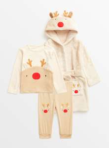 Kids Beige Rudolph Reindeer Pyjamas & Dressing Gown - Up to 12 months old (12m - 24m £7.80) - Free C&C