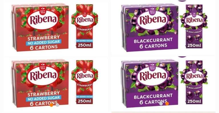 2 x Ribena No Added Sugar Strawberry Juice Drink Cartons 6 x 250ml (total of 12 cartons) - original blackcurrant available too