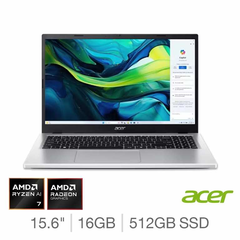 Acer Aspire Lite Copilot+PC, AMD Ryzen 7 8840HS , 16GB RAM, 512GB SSD, 15.6 Inch Laptop, NX.D1REK.002 (Discount At Checkout)