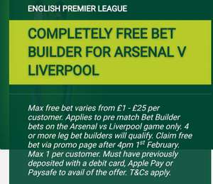Paddy Power Free Up to £25 bet on Arsenal vs Liverpool