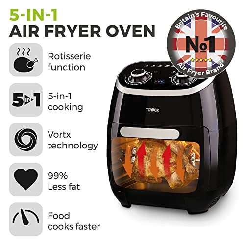 Tower T17038 Xpress 5-in-1 Manual Air Fryer Oven with Rapid Air Circulation, 60-Minute Timer, 11L, 2000W, Black