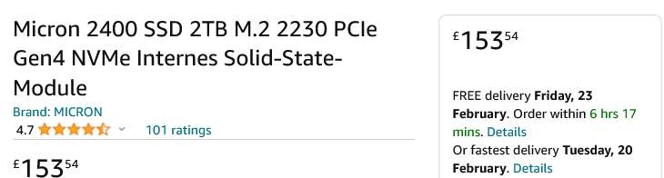 2TB Micron 2400 M.2 2230 NVMe SSD