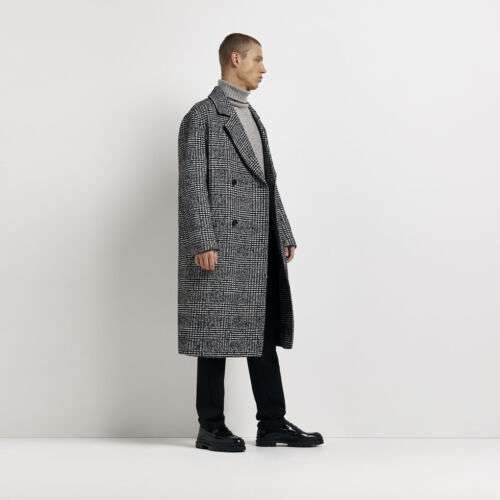 River Island Mens Overcoat Jacket Grey Regular Fit Check Wool Blend Top sizes S - XL