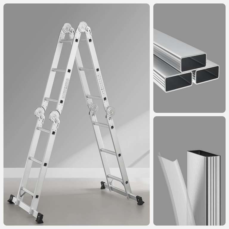 SONGMICS Multi-Purpose Aluminium 3.5m Ladder with 2 Metal Plates and 12 Steps - W/Code
