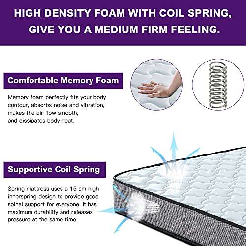 Kono 4FT6 Memory Foam Spring Hybrid Mattress Breathable and Medium Firm Feel -Double / King - £109.99