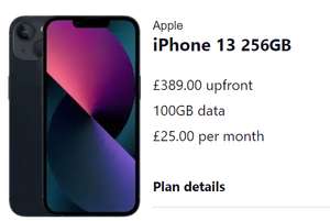 iPhone 13 256gb O2 100GB data unlimited mins and texts - £389 upfront + £25pm 24 months = £989 @ Uswitch