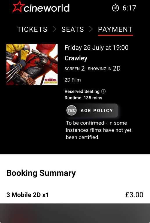 Marvel Deadpool & Wolverine Cineworld Advance Booking Cinema Movie Film Tickets £3 via Three+ App (95p booking fee for online)