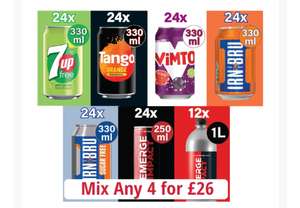 Any 4 (Tango / 7Up / Vimto / Irn Bru / Emerge Impact) for £26 cases of 24 in store @ Farmfoods