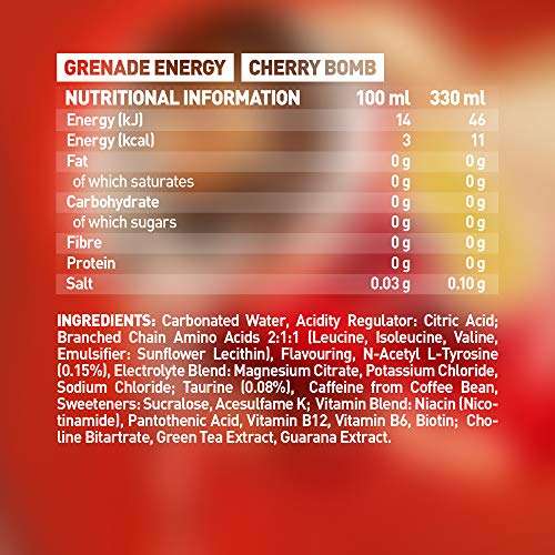 Grenade Energy Sports Drink Sugar Free - Cherry Bomb, 330 ml (Pack of 12) S&S £12.83