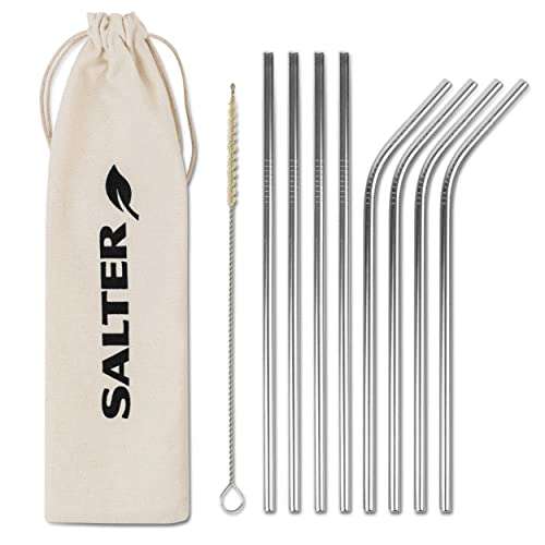 Salter 302 SSXR Eco Reusable Metal Drinking Straws 8pk with Sisal Fibre Cleaning Brush & Drawstring Bag - Dispatches from homeofbrands FBA