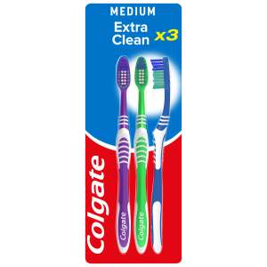 Colgate Extra Clean Medium Toothbrush (Assorted) with a Cleaning Tip that Reaches and Cleans Back Teeth, (Pack of 3)