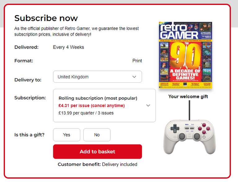 Retro Gamer 3 month subscription + free 8BITDO PRO 2 Wired Controller
