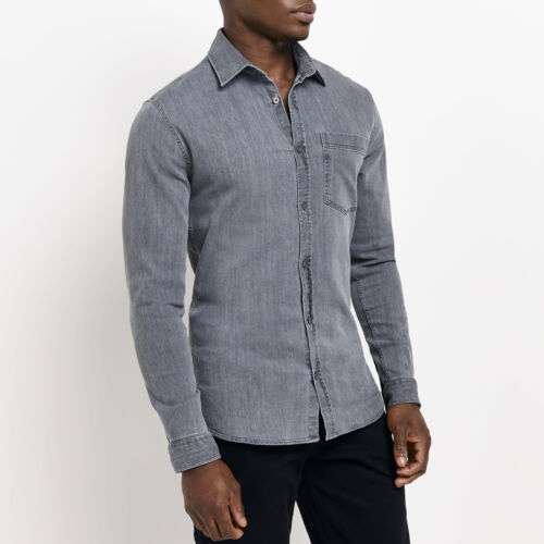 River Island Mens Shirt Grey Denim Long Sleeve Muscle Fit Straight Collar Top sizes XS-M - RiverIsland/Ebay
