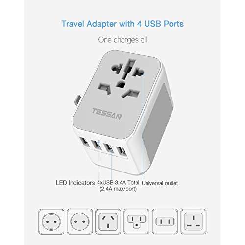 Universal Travel Adapter, TESSAN Travel Plug Adapter Worldwide with 4 USB and 1 AC Socket - £15.29 - Sold by Tspower / FB Amazon
