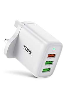 TOPK USB Plug Adaptor,30W(18+12W) Fast Charge 3 Ports Wall Charger Plug Quick Charge 3.0 - £6.79 (With Voucher) Sold By TOPKDirect FB Amazon