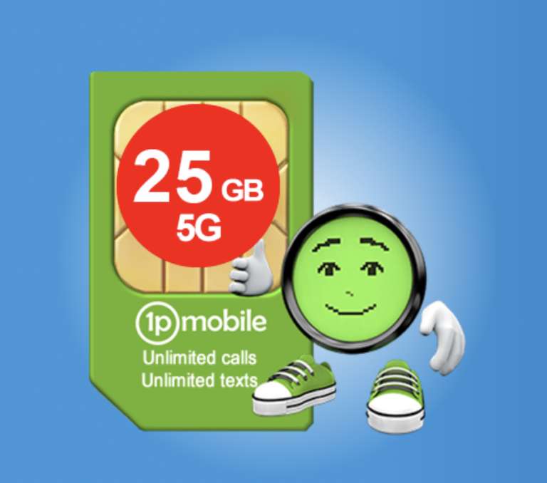 1p mobile - 25GB 5G data, Unlimited min and text, EU roaming (14GB) - No contract, No credit check, monthly rolling plan (Runs on EE)