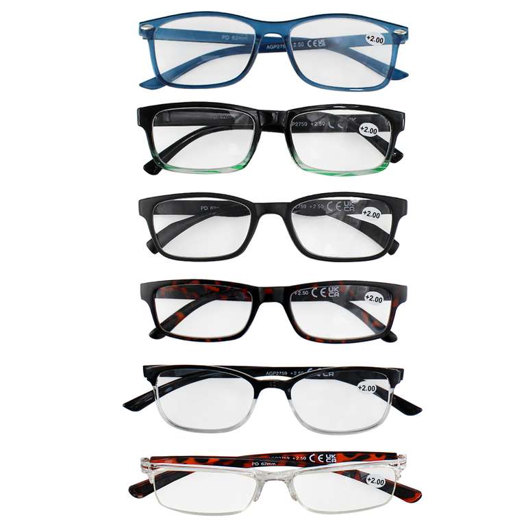 Pack of 6 Reading Glasses (+1.5 / +2.0 / +2.5 / +3.0) W/Code