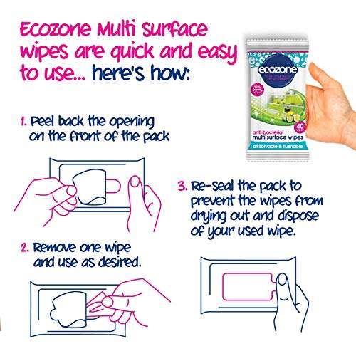 EcoZone Anti-Bacterial Multi-Surface Wipes, Biodegradable Moist Wet Anti Bac Disposable Cleaning Cloths (40 Pack) £1.50 / £1.35 S&S @ Amazon