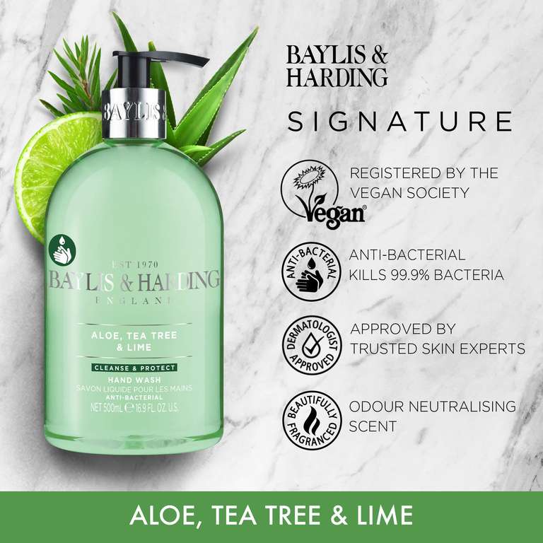 Baylis & Harding Aloe, Tea Tree & Lime Anti-Bacterial Hand Wash, 500 ml (Pack of 3) - Vegan Friendly (possible £3.56 s&s with voucher)