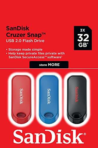 SanDisk 32GB Cruzer Snap USB Flash Drive, 3-pack, Black/Blue/Red - £13.49 @ Amazon