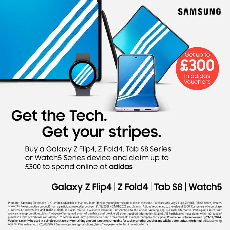 Get An adidas Gift Card Worth Between £75 & £300 When Bought With Selected Samsung Products, Watch5, Flip4/Fold4 & Tab S8 Series @ Amazon