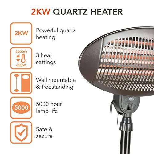 Warmlite WL42009 Quartz Portable Patio Heater/3 Heat Settings/5000Hour Lamp Life/2000W/Black £29.99 Sold&Dispatched by Netagon UK via amazon