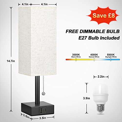 3-Color Mode Bedroom Lamp with USB C+A Charging Ports White Fabric Shade (LED Bulb Included) with voucher @ SOV-EU / FBA