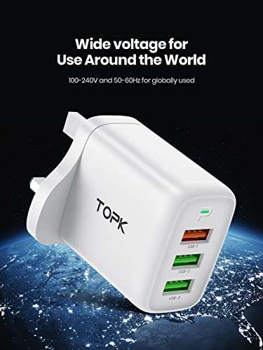 TOPK USB Plug Adaptor 30W Fast Charge 3 Ports Multi USB Wall Charger Plug Quick Charge - £7.99 @ Dispatches from Amazon Sold by TOPKDirect