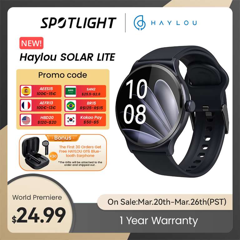 Haylou Solar Lite Smart Watch 1.38" Display Bluetooth 5.3 100+ Watch Faces SpO2 Heart Rate - £21.52 @ AliExpress / Haylou Official Store