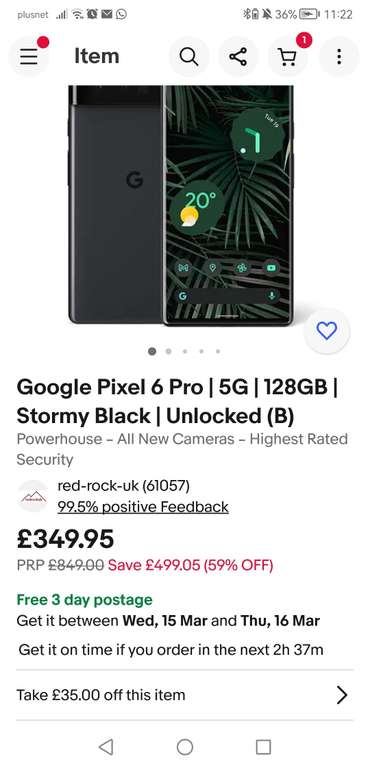 Google Pixel 6 Pro | 5G | 128GB | Stormy Black Grade B(Used) - £314.95 with code, sold by Red-Rock-UK @ eBay