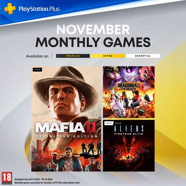 PS Plus Monthly Games (November) - Mafia II: Definitive Edition, Dragon Ball: The Breakers, Aliens Fireteam Elite